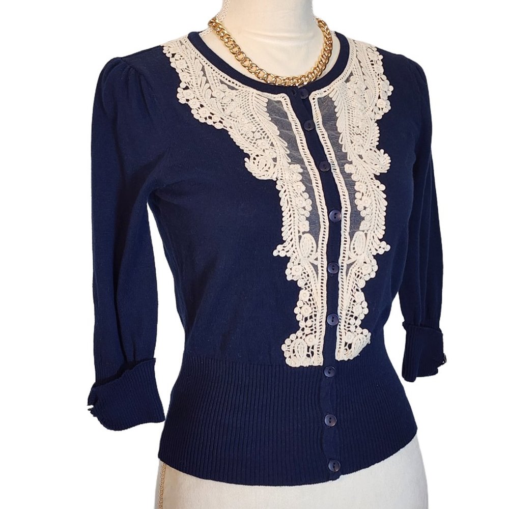 Cyrus, Navy Blue 3/4 length sleeve Cardigan. Size PS